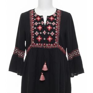 Max Dress Size M Black Red Embroidered Boho Chic Tassel Peasant Hippie Festival